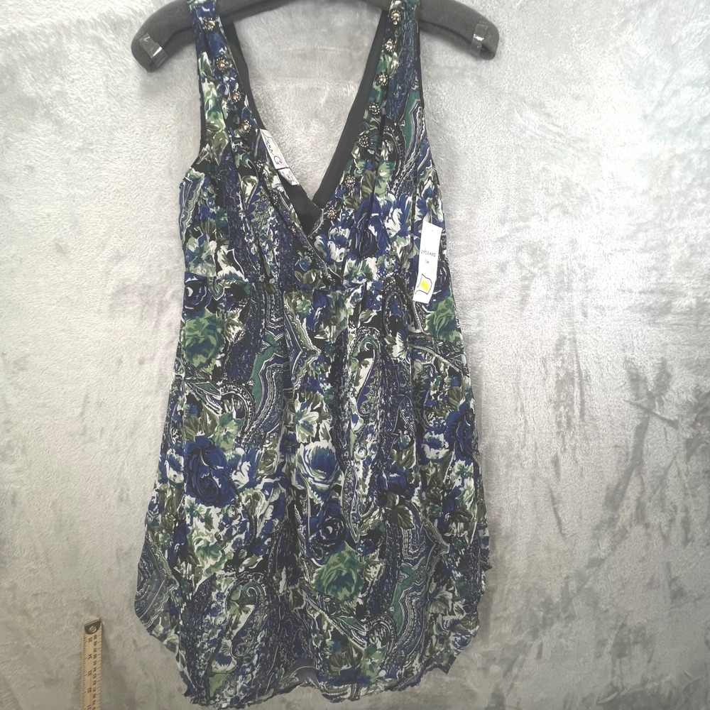 Blue Green Paisley Flowy Floral Beaded V-Neck Sleeveless M Festival Hippie‎